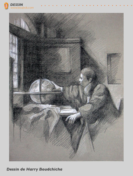 L’astronome&nbsp;: Dessin au Louvre d’apr�s le tableau de Jan Vermeer, pierre noire et crayon Cont� blanc sur papier Ingres gris. - 67.7&nbsp;ko