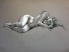 b-Dessins de nus : dessin de nu  la pierre noire et crayon Cont blanc sur papier Ingres gris chin, gris ciel et gris fum format raisin d'aprs modles vivants, poses de 30  45 minutes. Atelier Boubok : cours de dessin et de peinture  Paris., JPEG - 55.2 ko